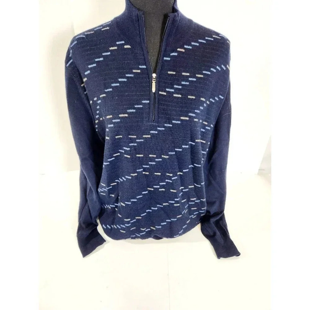 Alan Flusser Sweater Mens Blue Merino Wool Long Sleeve Mock Neck 1/4 Zip…
